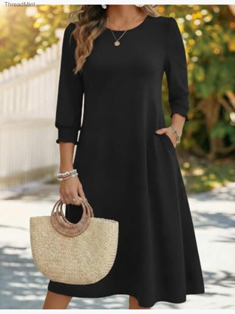 3/4 Sleeve Floral Midi Dress with Pockets Casual Women's Dress - Picture 2 of 7